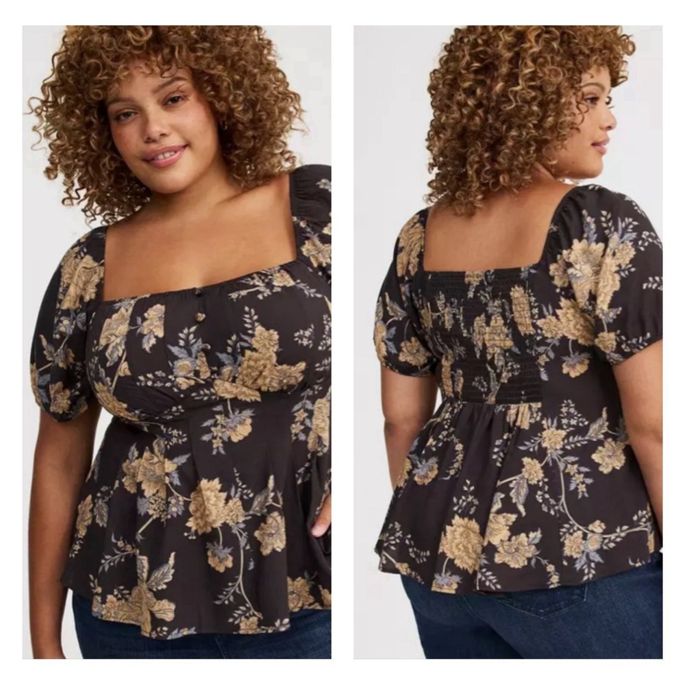 Torrid Floral Corset Top Peplum Smocked Puff Sleeve Women's 1X  Soft Black NEW